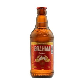 Brahma beer bottle with red label and crown cap, 300 ml, Brazilian brand name visible on label.