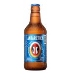 Antarctica brand beer bottle with blue label and condensation on brown glass (300 ml).