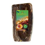 Beef jerky in sealed packaging with a green label reading 'Carne de Vaca Seca' and brand 'Ipanema'; Brazilian flag seal visible on the label.