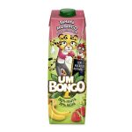 Carton juice drink UM BONGO Banana Morango with a cartoon tiger mascot on the front. 80% fruit, 20% water label visible.