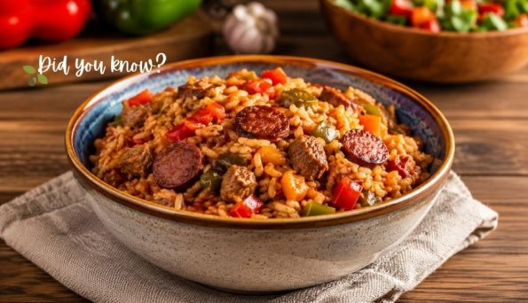 Bowl of sausage, peppers, and rice on a wooden table with a 'Did you know?' banner overlay.