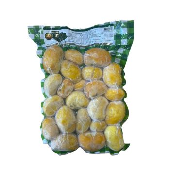 Bag of small yellow fruits sealed in a clear plastic bag with green checkered packaging on top edge.