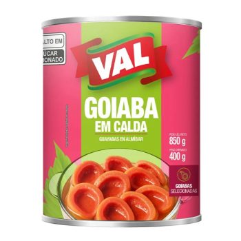 Can of VAL goiaba em calda (guavas in syrup) with pink label and image of guavas in syrup on the front surface