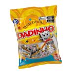 Bright yellow Dadinho candy bag with a cartoon sugar cube mascot and scattered wrappers; shows 'EDIÇÃO ESPECIAL' and 90g label.