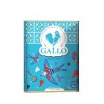 Blue Gallo olive oil tin with rooster logo and colorful bird-themed artwork on a turquoise background, Portuguese packaging