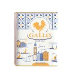 Tin of Gallo Azeite Português olive oil featuring an orange rooster logo and a coastal Portuguese town illustration (blue/yellow artwork).