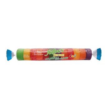 Rainbow fruit gummy snack in a clear, twist-wrapped package labeled 'Jubes' (Dori) with rainbow colors on the wrapper