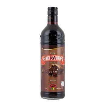 Velho Barreiro Café liqueur bottle with brown label and red banner, 70 cl, 30% ABV, dark glass.