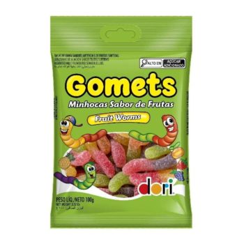 Green bag of Gomets Fruit Worms gummy candies with cartoon worm characters and Dori logo.