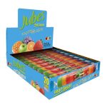 Blue display box of Jubes Fruit Snacks with 20 rainbow-colored gummy tubes visible and fruit imagery on the side.