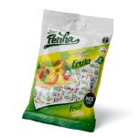 Bag of Penha fruit candies mix with images of assorted fruits on the front, green and white packaging.