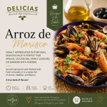 Promotional cover for Delicias: Arroz de Marisco, with a seafood rice dish on the right and recipe branding on the left, suggesting a Portuguese seafood meal kit.