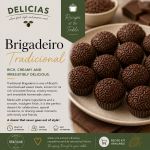 Plate of chocolate brigadeiro truffles on a beige dish beside a left-side editorial panel with 'Brigadeiro Tradicional' branding and 'Delicias' logo.