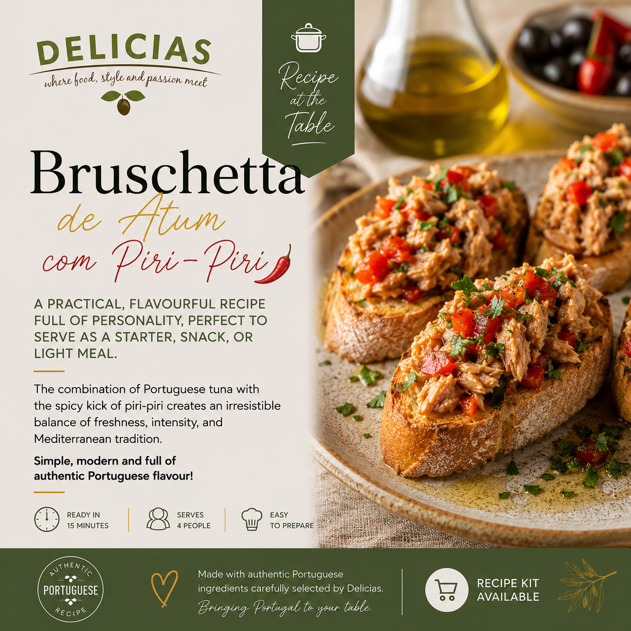 Bruschetta de Atum com Piri-Piri - Delícias Delicias cookbook cover: Bruschetta de Atum com Piri-Piri recipe with plated bruschetta on the right and recipe branding on the left side, suggesting a ready-to-make starter kit.
