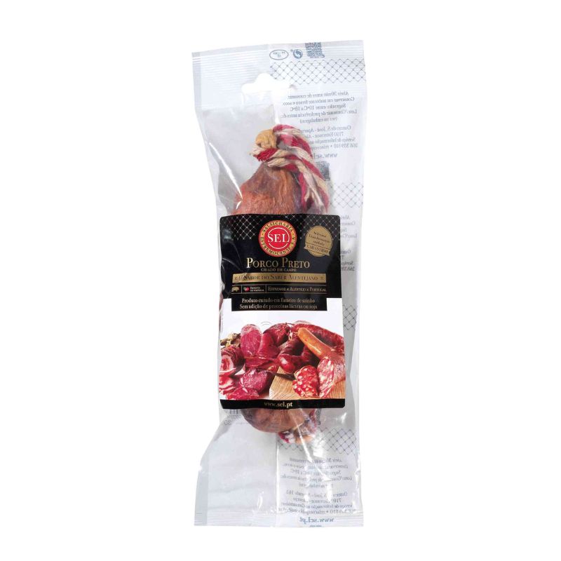 CHA-IBE0404 - Delícias Vacuum-sealed package of Porco Preto cured meat with a black label and image of sliced meat on the front