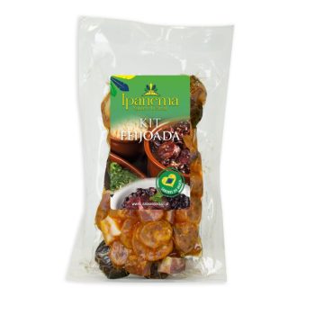 Ipanema Feijoada kit in a clear plastic bag, label shows beans and sausage components ready to cook (Brazilian product)