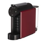 Delta Q single-serve coffee machine in red and black, front view with drip tray area and pod holder