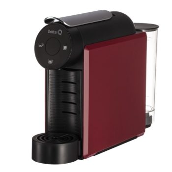 Delta Q single-serve coffee machine in red and black, front view with drip tray area and pod holder