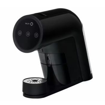Black Delta single-serve coffee maker with circular control panel and removable pod holder, compact home appliance.