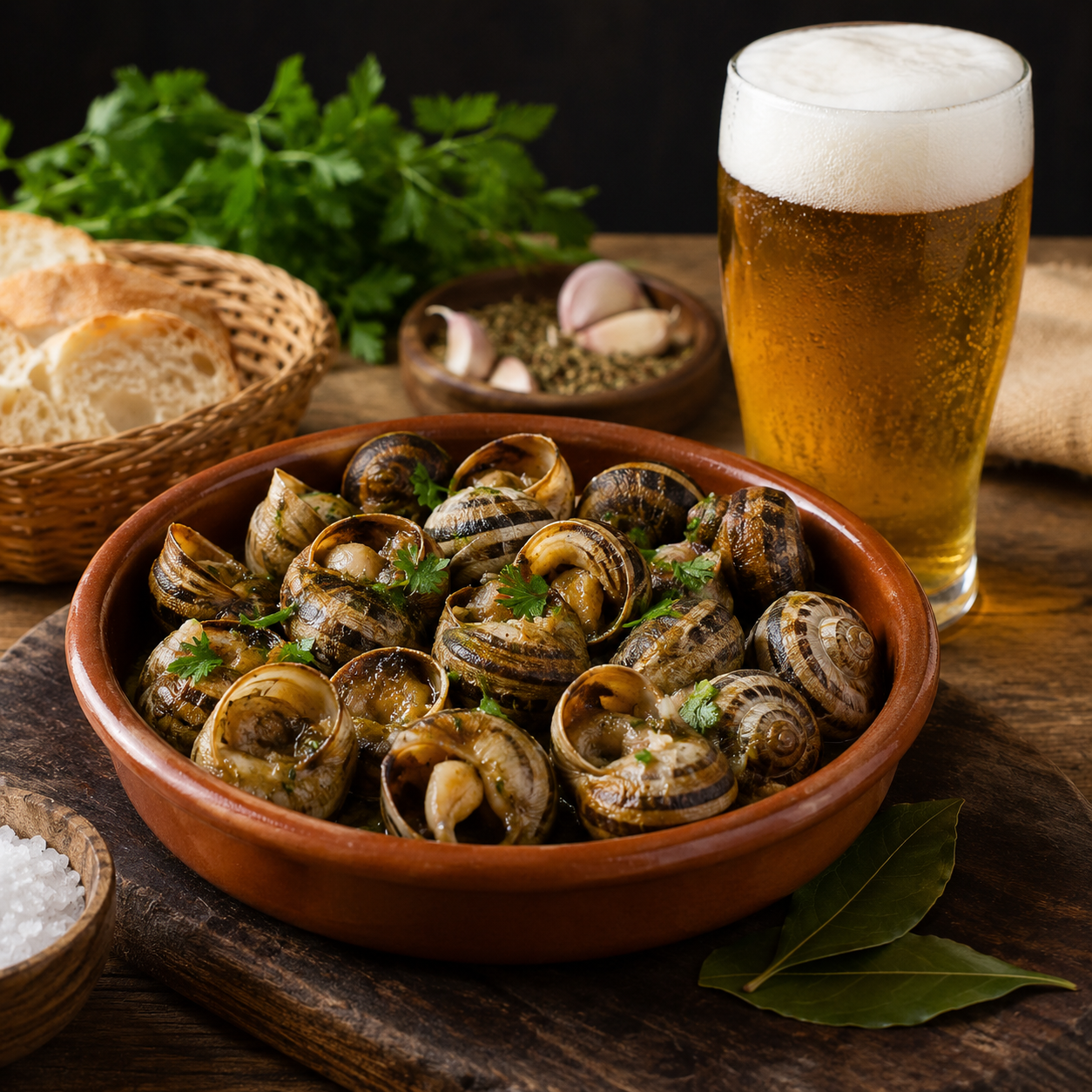 Caracois - Delícias Clay pot of cooked clams in sauce, garnished with parsley, with bread and a beer on a wooden table.