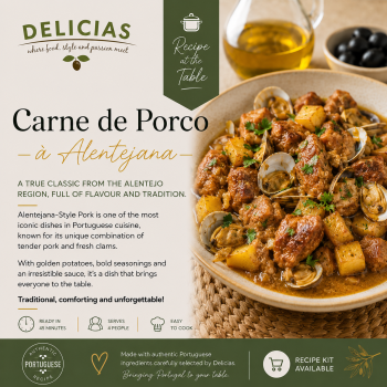 Delicias ad for Carne de Porco à Alentejana with a plated pork, potato and clam dish on the right and brand text on the left at top.
