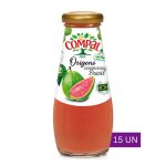 Bottle of Compal Origens Goiaba Rosa Brasil guava juice with a whole and sliced guava on the label; purple 15 UN tag visible.
