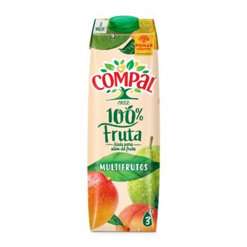 Compal 100% Fruta Multifrutos juice carton with green cap and fruit graphics (apple/green fruit) showing brand and flavor mix