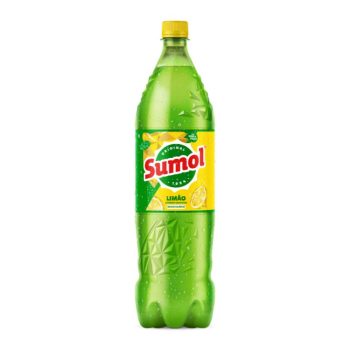 Plastic bottle of Sumol lemon soda with a yellow label and yellow cap against a white background.