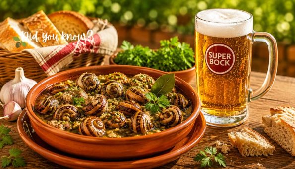 Snail dish with garlic, parsley, and herbs in a terracotta pot on a rustic table, with bread, garlic cloves, and a pint of Super Bock beer in the background.