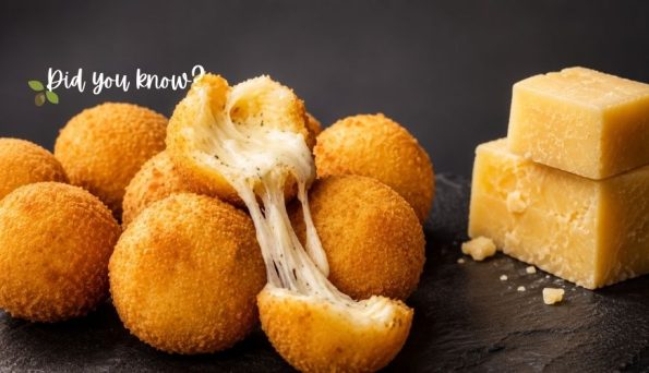 Golden fried cheese balls with melted cheese stretching from one ball, beside blocks of cheddar on a dark surface.