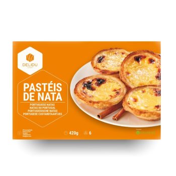 Orange packaging for Delidu Pastéis de Nata with a plate of custard tarts on the right, 420 g, 6 units.