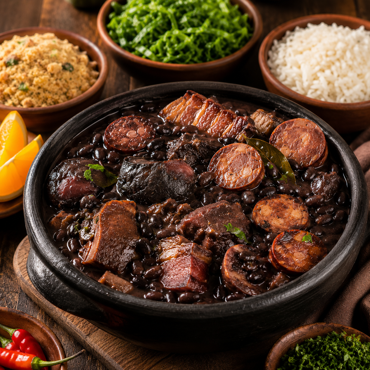 Feijoada Brasileira - Delícias Clay pot of feijoada with black beans, sausage slices, and pork chunks, surrounded by rice and greens on the side.