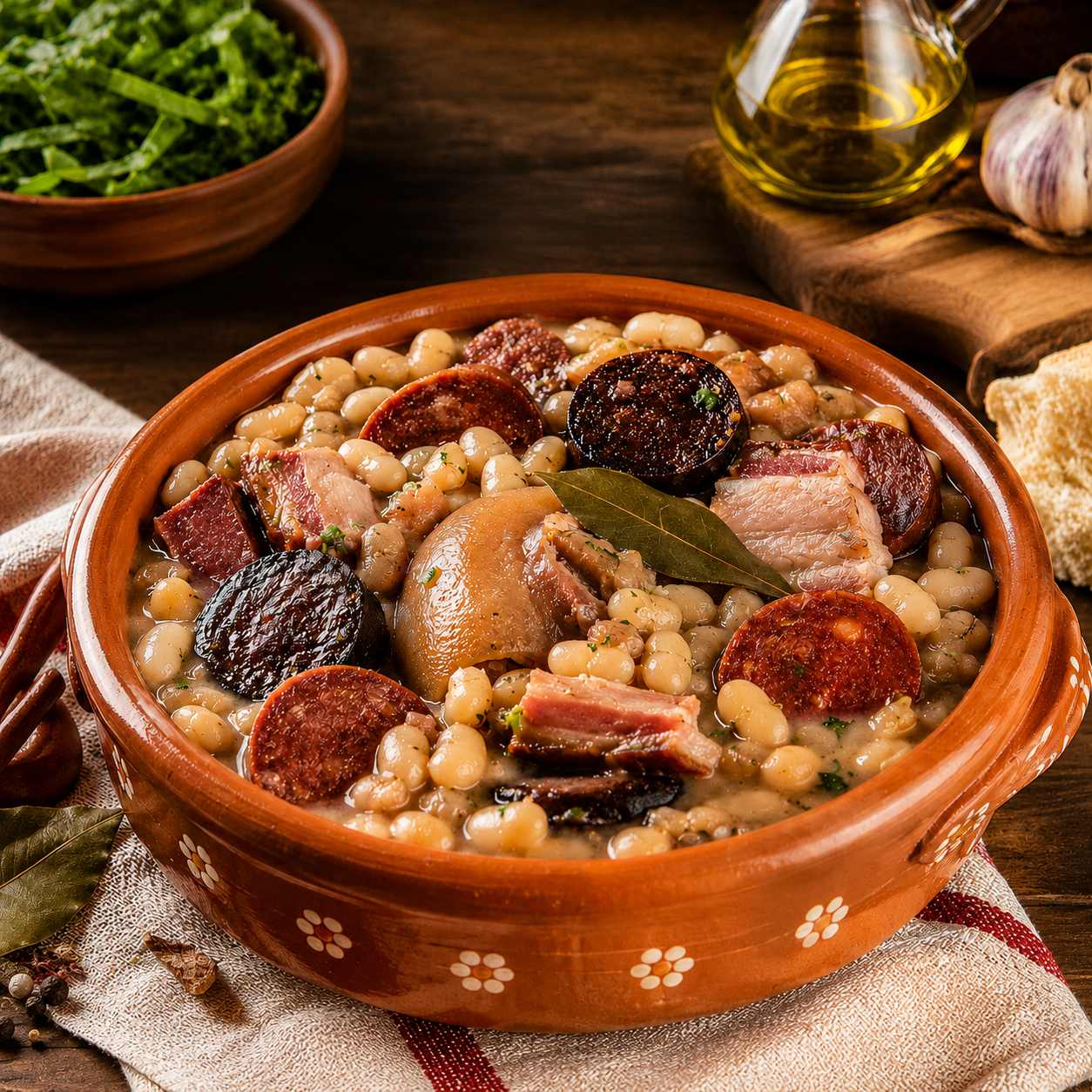 Feijoada Portuguesa - Delícias Clay pot containing a bean stew with chorizo slices, pork, and bay leaves, on a rustic wooden table