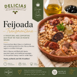 Promotional poster for Delicias Feijoada Transmontana showing a bean and meat stew in a clay dish beside brand text and olive motif.