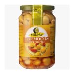 Jar of Macarico tremoços com piri-piri (lupin beans with chili) in a glass jar with yellow label