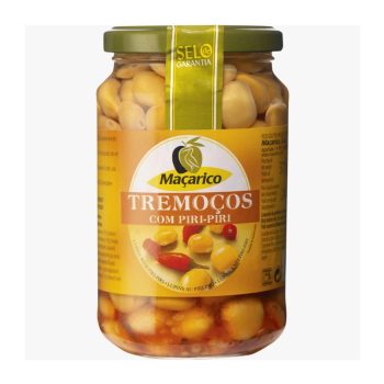 Jar of Macarico tremoços com piri-piri (lupin beans with chili) in a glass jar with yellow label