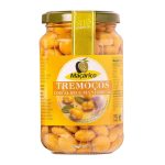 Jar of Maçarico tremoços (lupini beans) in oil, with garlic and basil, on a yellow label bottle display