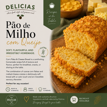 Close-up of a crusty corn bread with cheese on a wooden board, packaging branding on the left.