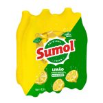 Six-pack of Sumol Limão lemon soda bottles (1.5 L each) in yellow and green packaging with lemon graphics printed on the label.