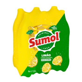 Six-pack of Sumol Limão lemon soda bottles (1.5 L each) in yellow and green packaging with lemon graphics printed on the label.