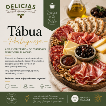 Portuguese charcuterie board with sliced bread, cheeses, olives, nuts, and meats, on a round wooden platter; Delicias branding and 'Tábua Portuguesa' text left panel.