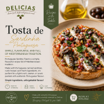 Promotional cover for Delicias: Tosta de Sardinha Portuguesa, showing a sardine-topped crusty bread slice with diced vegetables beside a recipe kit banner.