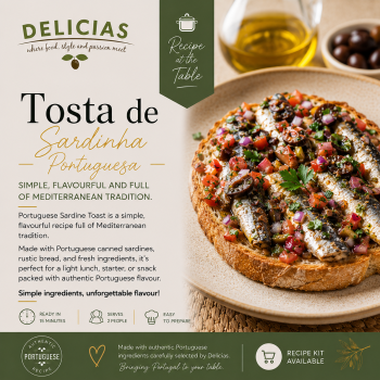 Promotional cover for Delicias: Tosta de Sardinha Portuguesa, showing a sardine-topped crusty bread slice with diced vegetables beside a recipe kit banner.