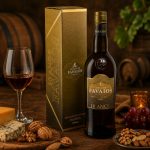 Bottle of dark wine with a gold-label box on a wooden table, beside cheese, nuts, and grapes.