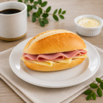 Ham and cheese sandwich on a crusty roll on a white plate with a coffee mug in the background.