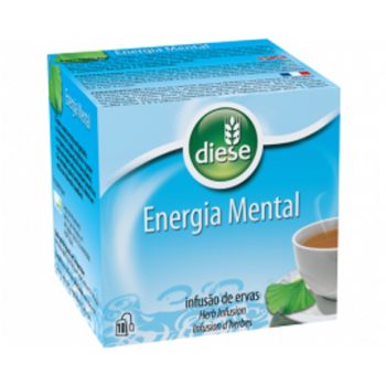 Boxed blue herbal tea product labeled 'Energia Mental' with a steaming cup and leaf graphic.