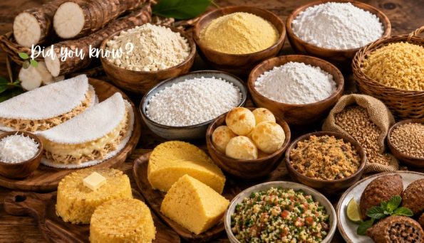 Assorted grains, flours, and baked goods displayed on a wooden surface with a 'Did you know?' banner at the top left.