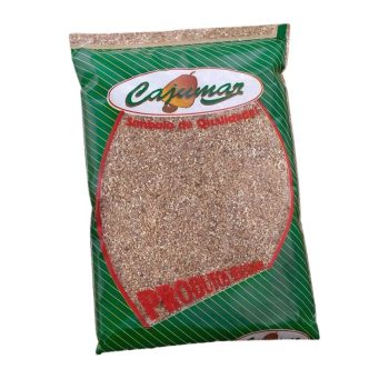 Green bag of grain with a clear window showing small brownish granules; brand text on the top.”