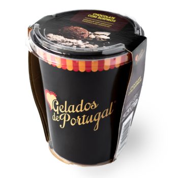 Gelados de Portugal ice cream cup with black packaging and gold script branding, chocolate com suspiros flavor on the lid