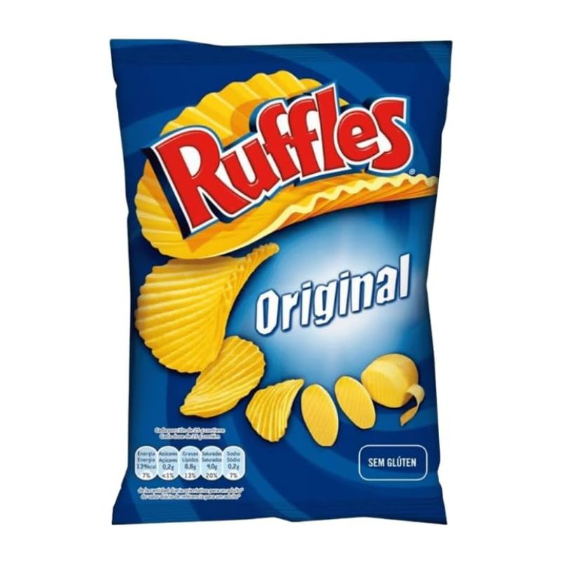 GRO-SNK5165 - Delícias Blue bag of Ruffles Original potato chips with stacked ridged chips and bold logo on the front.